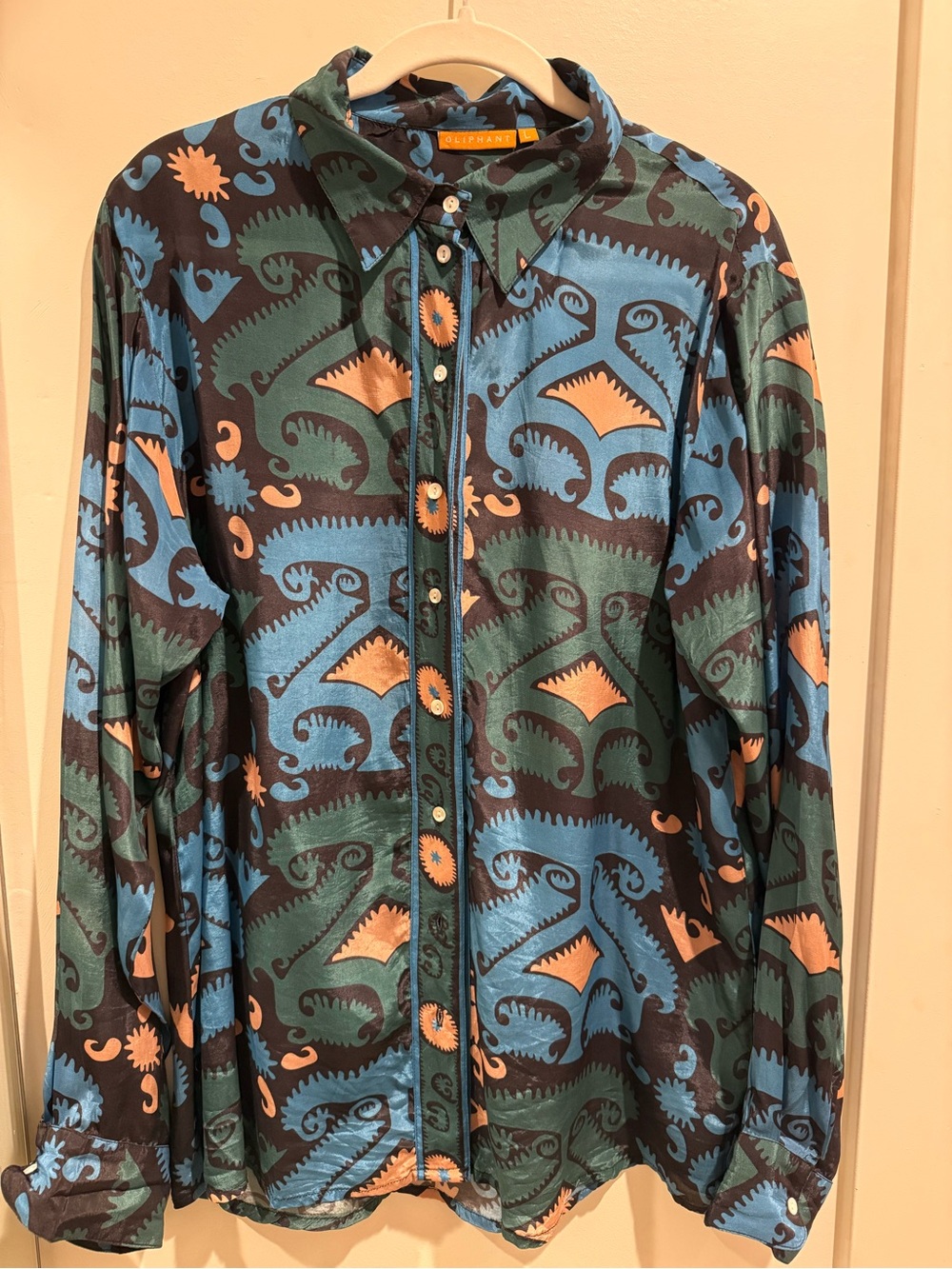 Oliphant Green, Blue and Peach Patterned Button-Up Blouse